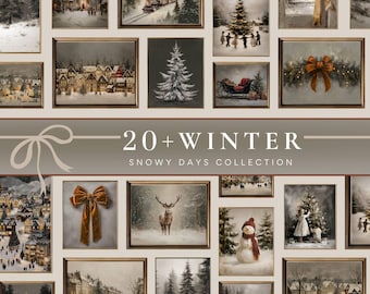 May include: A selection of framed winter paintings featuring snowy scenes, churches, and figures. The text reads "20+ WINTER SNOWY DAYS COLLECTION". The artwork includes a train, a Christmas tree, and a reindeer in a snowy forest.