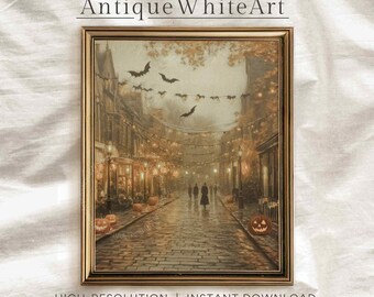 May include: Framed art print featuring a spooky street scene with jack-o'-lanterns, bats, and string lights. The artwork has a vintage aesthetic with the text "Antique White Art" at the top. The words "HIGH-RESOLUTION | INSTANT DOWNLOAD" are at the bottom.