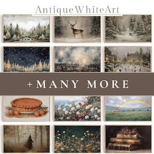 May include: A collection of framed art prints featuring various scenes. The prints include a winter forest, a deer in the snow, a starry night with trees, fireworks, a pumpkin pie, a field of flowers, and a witch in a forest. The text "Antique White Art" is at the top.