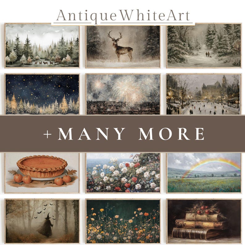 May include: A collection of framed art prints featuring various scenes. The prints include a winter forest, a deer in the snow, a starry night with trees, fireworks, a pumpkin pie, a field of flowers, and a witch in a forest. The text "Antique White Art" is at the top.