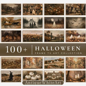 May include: A digital collection of 100+ Halloween-themed landscape artworks for Frame TVs, featuring vintage-style illustrations of ghosts, pumpkins, witches, haunted houses, and autumn landscapes in muted brown, orange, and dark tones.