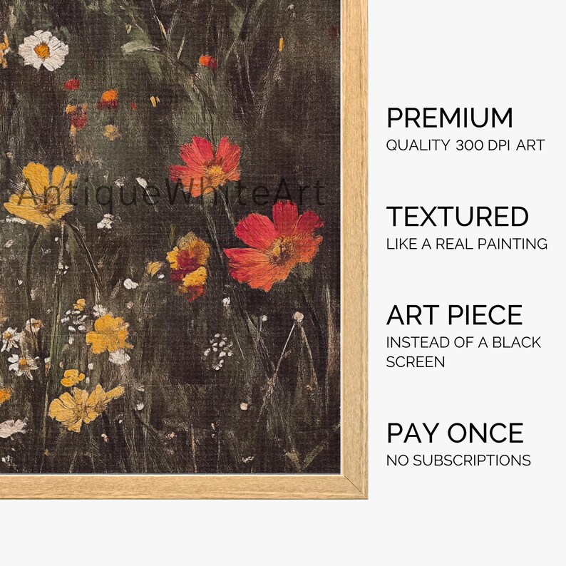 May include: A digital art print of a field of wildflowers with red, yellow, and white flowers. The print has a textured surface, giving it the look of a real painting. The text "PREMIUM QUALITY 300 DPI ART" is on the right side of the image. The text "TEXTURED LIKE A REAL PAINTING" is below the first text. The text "ART PIECE INSTEAD OF A BLACK SCREEN" is below the second text. The text "PAY ONCE NO SUBSCRIPTIONS" is below the third text.