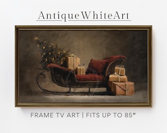 May include: A framed artwork depicts a vintage Christmas scene. A red sleigh is filled with wrapped gifts and a small Christmas tree. The artwork is framed in a dark brown frame and features the text "Antique White Art".