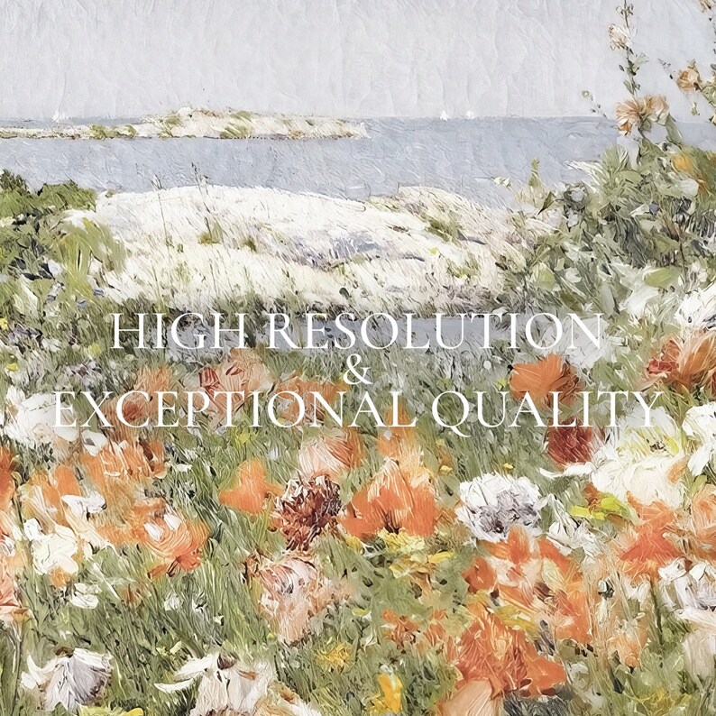 May include: A painting of a coastal landscape with a field of orange and white flowers in the foreground. The background shows a body of water with a small island in the distance. The text "HIGH RESOLUTION & EXCEPTIONAL QUALITY" is superimposed on the image.