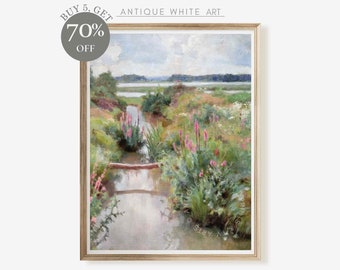 Country Wildflowers Landscape Painting, Flower Meadow Wall Art, Vintage Farmhouse Decor, Summer Rustic Print, Digital Download | A225