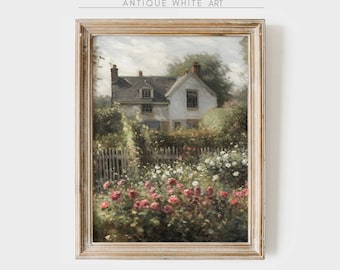 Jardín de rosas rústico imprimible, pintura al óleo vintage, decoración de pared estilo cottagecore, lámina de estilo granja, descarga digital / A57