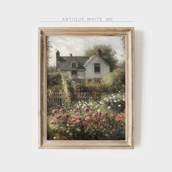 Printable Cottage Rose Garden, Vintage Oil Painting, Cottagecore Wall Art Decor, Farmhouse Print, Digital Download | A57