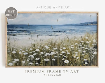 Samsung Frame TV Art, Coastal Wildflower Field, Ocean Screensaver, Beach Art for TV, Neutral Frame TV Art, Digital Download | TV381