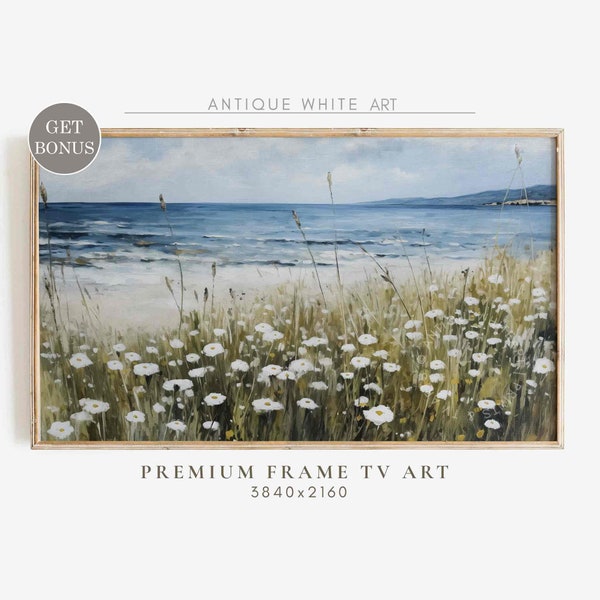 Samsung Frame TV Art, Coastal Wildflower Field, Ocean Screensaver, Beach Art for TV, Neutral Frame TV Art, Digital Download | TV381
