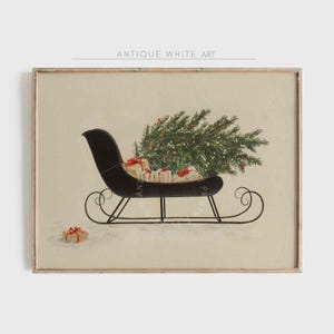 PRINTABLE Christmas Wall Art, Vintage Sleigh Painting, Christmas Tree Print,  Holiday Decor, Digital Christmas Painting, Vintage Sketch W113