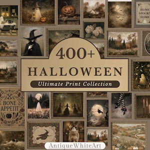 May include: A digital collection of over 400 Halloween-themed art prints featuring vintage-style illustrations of ghosts, witches, pumpkins, bats, and spooky landscapes in a muted, sepia-toned color palette with text overlays like Bone Appetit.