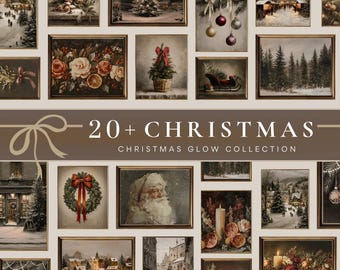 May include: A selection of framed Christmas art prints. The prints depict vintage illustrations of winter scenes, festive decorations, and Father Christmas. The text "20+ CHRISTMAS" and "CHRISTMAS GLOW COLLECTION" are displayed on a brown banner.