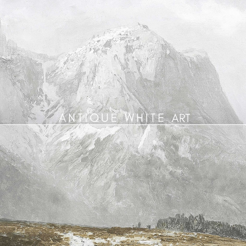 May include: A black and white vintage illustration of a snowy mountain range with a text overlay that reads "Antique White Art".