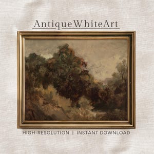 May include: An antique landscape painting in a gold frame. The artwork depicts a forest scene with muted tones of brown, green, and beige. The text "Antique White Art" is at the top, and "HIGH-RESOLUTION | INSTANT DOWNLOAD" is at the bottom.