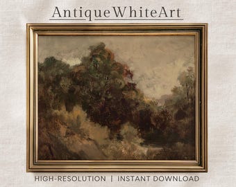 Printable Dark Moody Fall Landscape Print, Vintage Rustic Oil Painting Wall Art, Vintage Farmhouse Autumn Landscape, Instant Download | A555