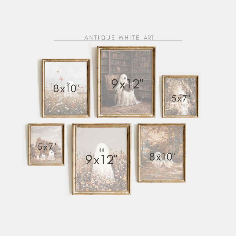 May include: A collection of five framed prints with a spooky theme. The prints feature ghosts, trees, and a library. The frames are all antique white and have a distressed look. The prints are all different sizes, with the largest being 9x12 inches and the smallest being 5x7 inches.
