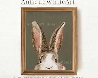 Printable Easter Bunny Wall Art, Bunny Art Print, Moody Rabbit Painting, Rustic Nursery Print, Cute Easter Decor, Instant Download | A423