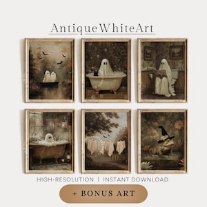 May include: A set of six framed art prints with a vintage aesthetic. Each print features a whimsical scene with ghosts, bats, and a frog wearing a witch hat. The text "Antique White Art" is at the top.