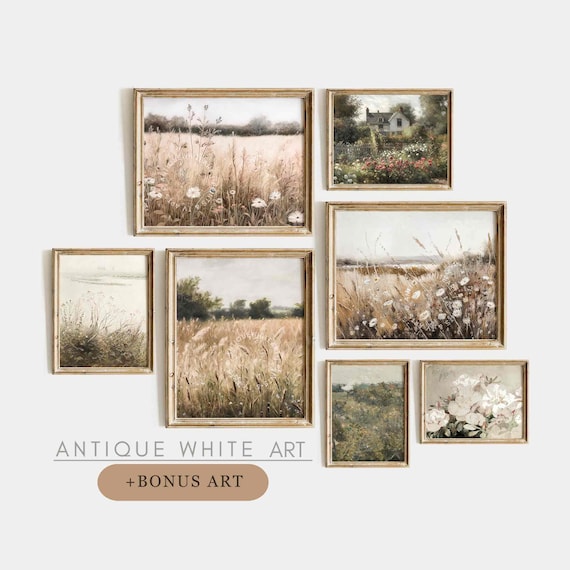 Printable Vintage Wildflower Prints, Set of Spring Wall Art, Country Field Landscape, Farmhouse Easter Spring Decor, Digital Download | S63