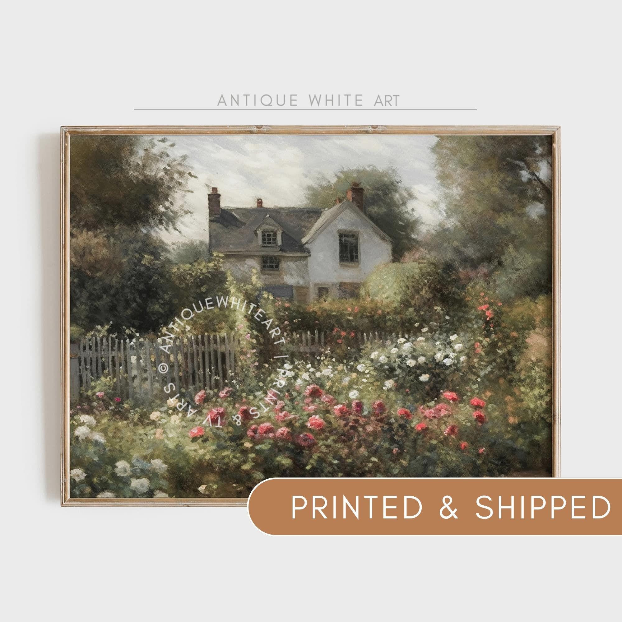 Printed Spring Cottage Rose Garden Painting, Mailed Country Landscape Print, Printed Cottagecore Wall Art, Farmhouse Print, AntiqueWhiteArt
