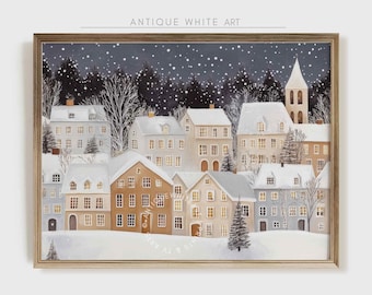 Arte mural navideño imprimible, pintura de pueblo navideño, impresión de árbol de Navidad, decoración navideña, arte de pueblo navideño, Navidad digital / W142