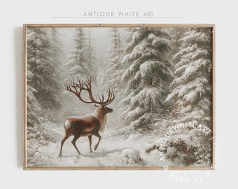 Vintage print herten in winter, kunst aan de muur besneeuwd bos, print herten, boerderij kerst kunst aan de muur, landschildering, afdrukbare muurkunst | W21