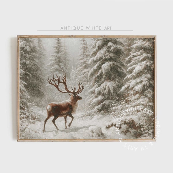 Vintage Deer in Winter Print, Snowy Forest Wall Art, Deer Print, Farmhouse Christmas Wall Art, Country Painting, Printable Wall Art | W21