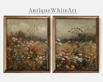 May include: Two framed landscape paintings with a vintage aesthetic. The artwork depicts a field of wildflowers in shades of white, orange, and brown, under a cloudy sky. The frames are gold, and the text "Antique White Art" is above the paintings.