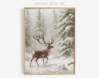 Vintage print herten in winter, kunst aan de muur besneeuwd bos, print herten, boerderij kerst kunst aan de muur, landschildering, afdrukbare muurkunst | W79