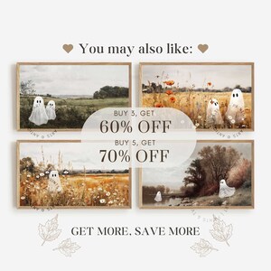 May include: Four framed watercolor paintings featuring a whimsical autumn landscape with ghosts. The paintings are displayed in a grid format with text overlayed on the image that reads "BUY 3, GET 60% OFF" and "BUY 5, GET 70% OFF". The text "GET MORE, SAVE MORE" is displayed below the images.