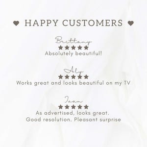 May include: A light beige background with the text "HAPPY CUSTOMERS" and three customer reviews. Each review includes a name, a five-star rating, and a short comment. The reviews are from Brittany, Aly, and Juan.