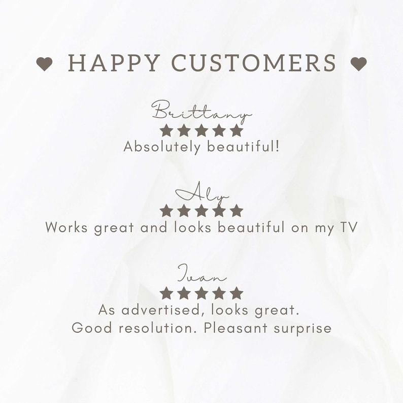 May include: A light beige background with the text "HAPPY CUSTOMERS" and three customer reviews. Each review includes a name, a five-star rating, and a short comment. The reviews are from Brittany, Aly, and Juan.