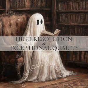 May include: A white ghost wearing a white sheet sits in a chair in a library, reading a book. The ghost has two black eyes. The library has dark wood bookshelves filled with books.