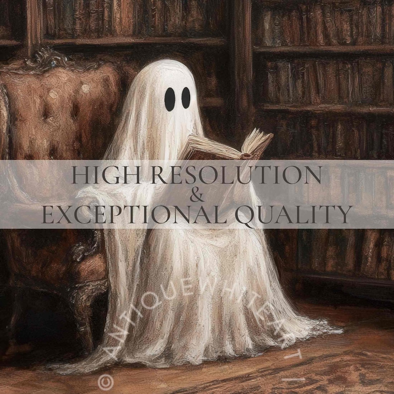 May include: A white ghost wearing a white sheet sits in a chair in a library, reading a book. The ghost has two black eyes. The library has dark wood bookshelves filled with books.
