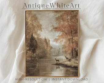 Printable Fall Wall Art, Fall Landscape Print, Deer Painting, Neutral Fall Decor, Seasonal Decor, Autumn Wall Art, Digital Download | A469