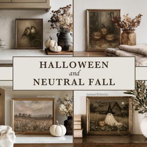 May include: A collection of four framed wall art prints featuring seasonal imagery including two birds on a branch, three glowing jack-o'-lanterns, a field of wildflowers, and a ghost in a witch hat. The text HALLOWEEN and NEUTRAL FALL is centered.