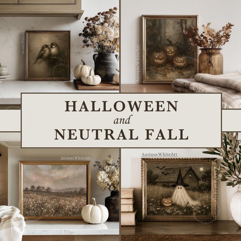 May include: A collection of four framed wall art prints featuring seasonal imagery including two birds on a branch, three glowing jack-o'-lanterns, a field of wildflowers, and a ghost in a witch hat. The text HALLOWEEN and NEUTRAL FALL is centered.