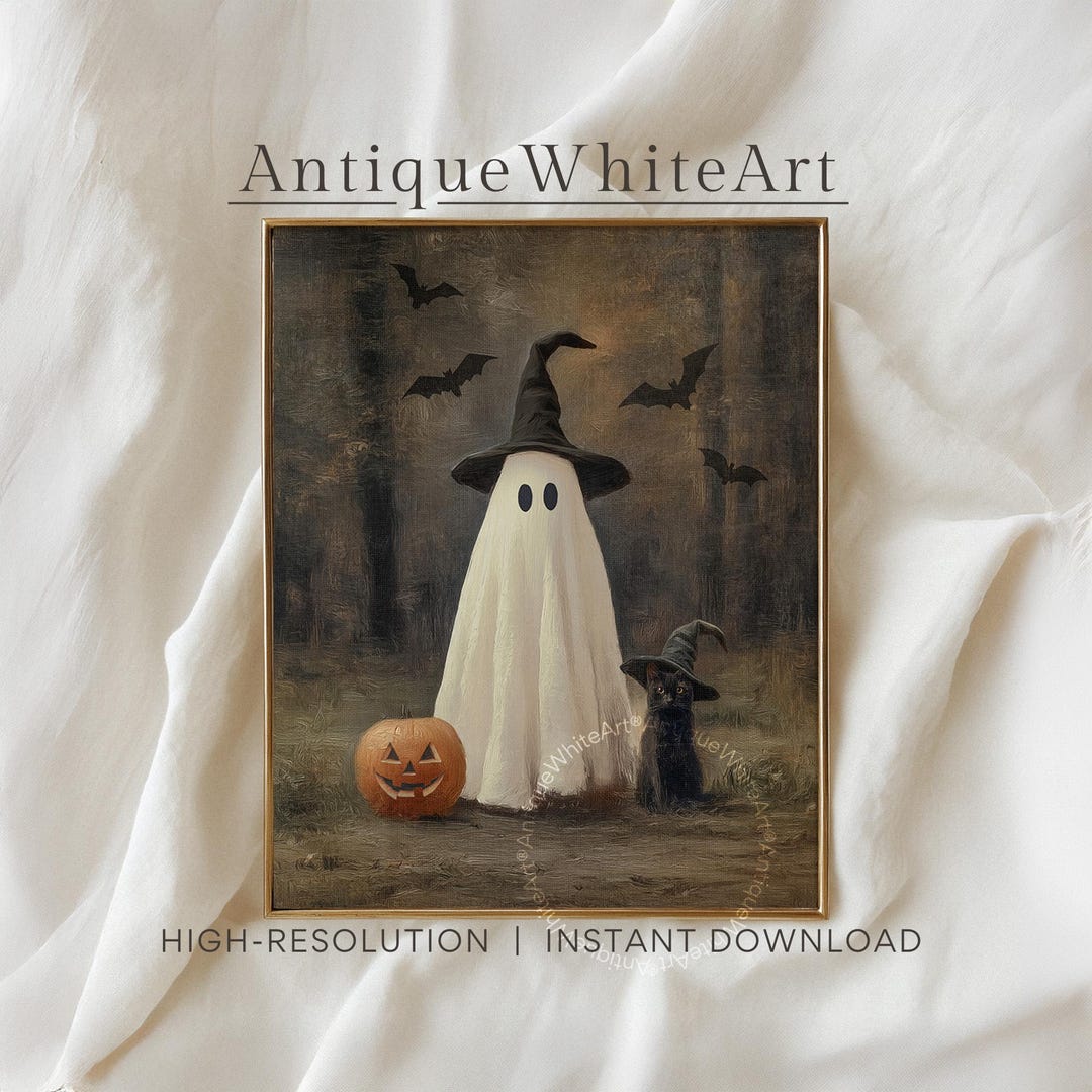 PRINTABLE Vintage Halloween Print, Cute Ghost and Black Cat in Dark ...