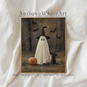 May include: A framed Halloween-themed print featuring a white ghost wearing a black witch hat, a carved pumpkin, and a black dog also wearing a witch hat. The background shows bats flying in a dark forest. The text "Antique White Art" is at the top.
