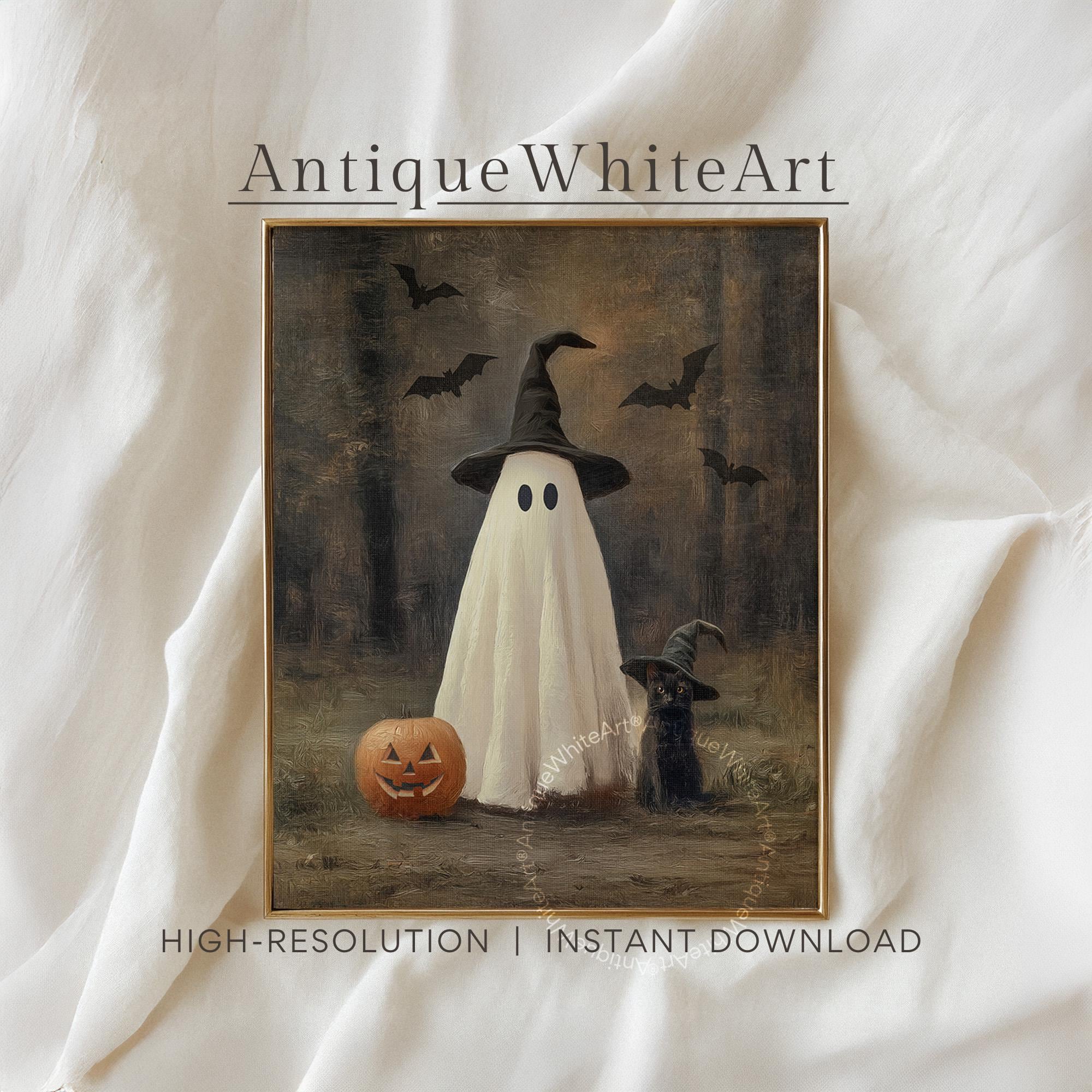 PRINTABLE Vintage Halloween Print, Cute Ghost and Black Cat in Dark ...