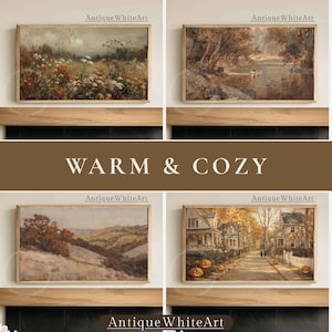 May include: Four rectangular landscape art prints featuring autumn scenes: a wildflower meadow, a river flowing through trees, rolling hills with brown foliage, and a suburban street lined with houses, trees, and orange pumpkins on the ground.