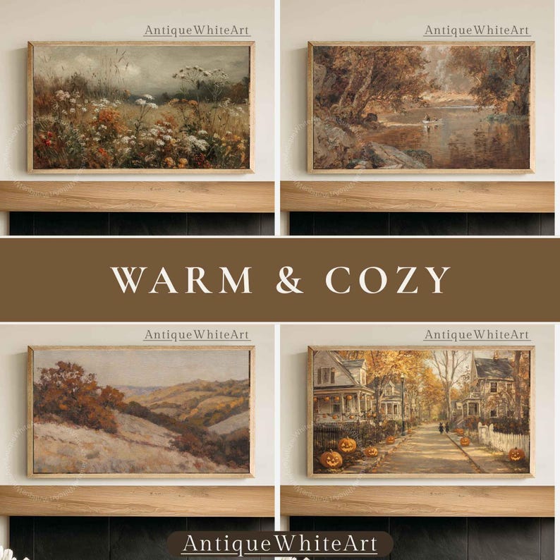 May include: Four rectangular landscape art prints featuring autumn scenes: a wildflower meadow, a river flowing through trees, rolling hills with brown foliage, and a suburban street lined with houses, trees, and orange pumpkins on the ground.