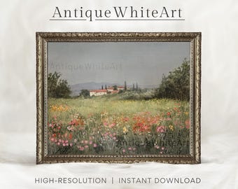 Printable Wildflowers Wall Art, Vintage Colorful Spring Field Print, Neutral Landscape Painting, Digital Download, Antique White Art | A403