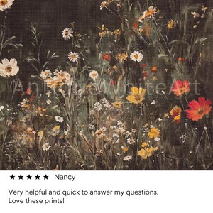 May include: A painting depicting a field of wildflowers in shades of white, yellow, orange, and red against a dark green background.