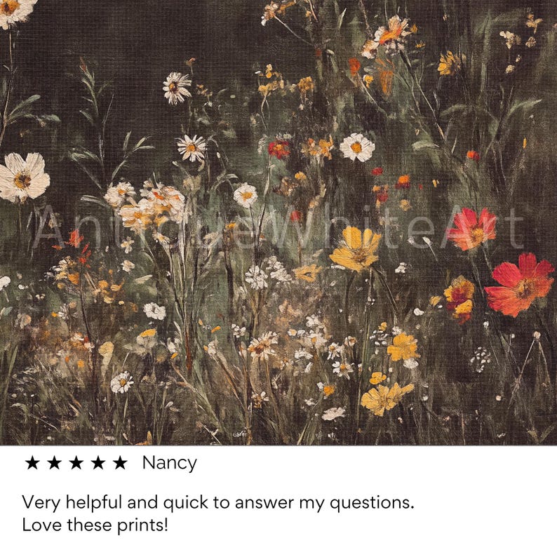 May include: A painting depicting a field of wildflowers in shades of white, yellow, orange, and red against a dark green background.