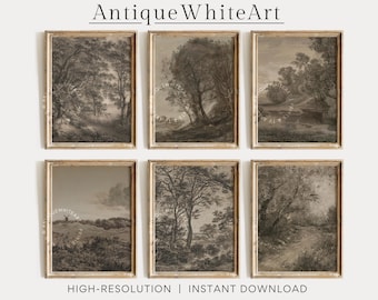 Printable Set of 6 Prints, Vintage Dark Landscape, Gallery Wall Botanical Drawings, Moody Brown Country Scenery, Neutral Wall Prints | S120
