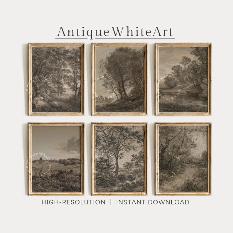May include: Six framed landscape prints in sepia tones. Each print depicts a different rural scene with trees, fields, and a windmill. The text "Antique White Art" and "High-Resolution | Instant Download" are visible.