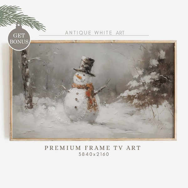 Snowman Samsung Frame TV Art, Vintage Christmas Painting, Winter Cottagecore Decor, Farmhouse Christmas, Holiday & Seasonal Frame TV | WA32