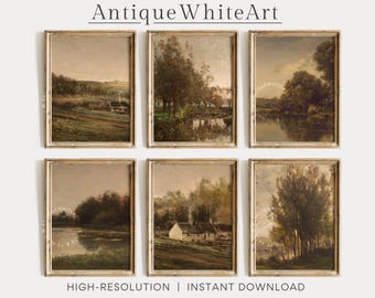 May include: Six framed landscape paintings with a vintage aesthetic. The artwork features muted tones of green, brown, and beige, depicting serene scenes of nature, including trees, water, and buildings. The text "Antique White Art" is at the top.