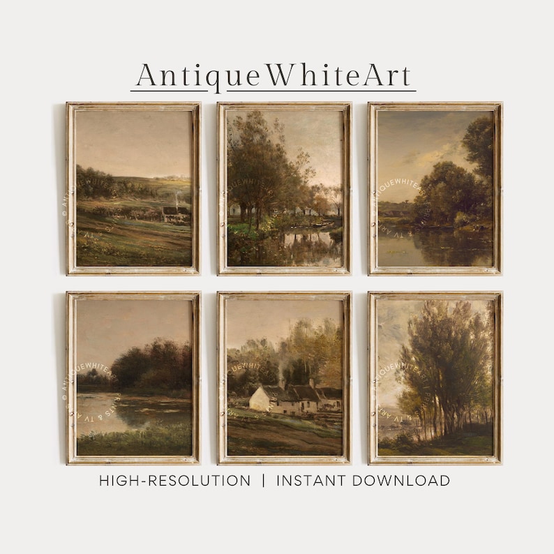 May include: Six framed landscape paintings with a vintage aesthetic. The artwork features muted tones of green, brown, and beige, depicting serene scenes of nature, including trees, water, and buildings. The text "Antique White Art" is at the top.